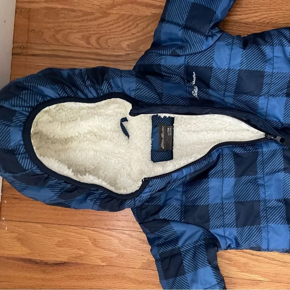 Eddie Bauer Snowsuit Baby 12 Month Navy Blue Plaid Cream Sherpa Down Hooded Suit